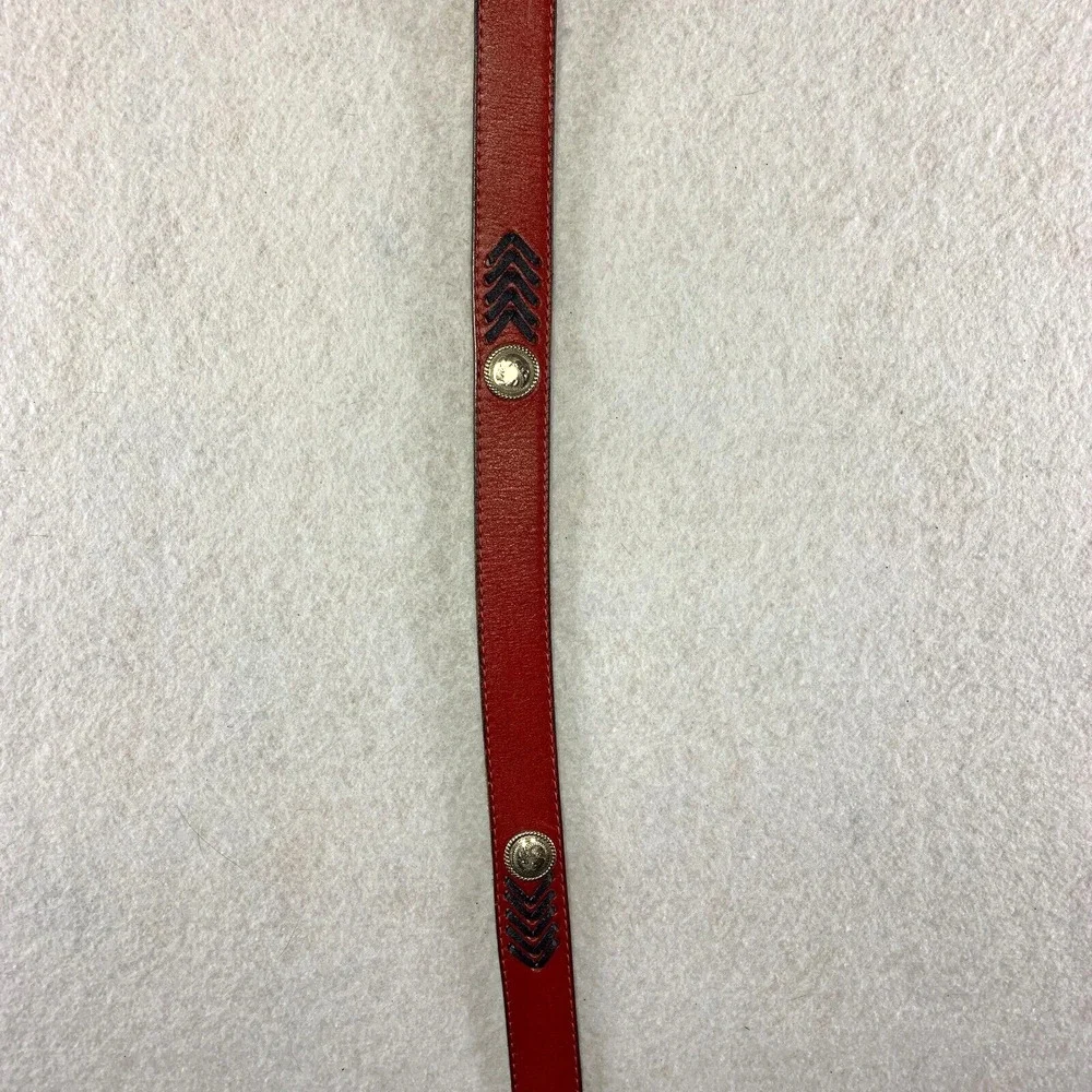 Vintage Womens Leather Belt Sz 32 Red Navy Fish Stitch Conchos‎ Coastal Boho